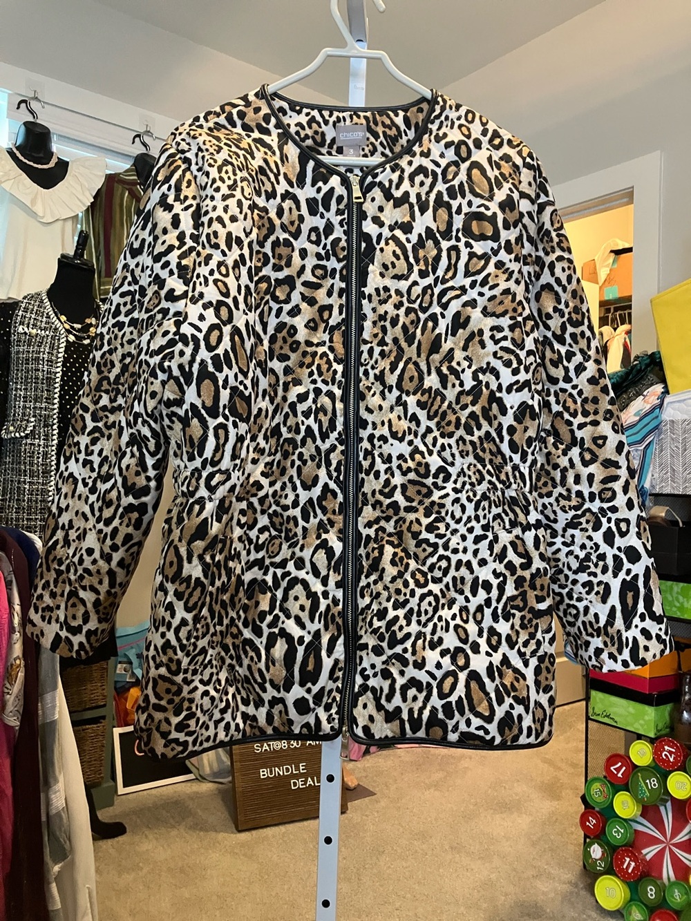 Chico's Leopard Print Zip-Front Jacket - Tan, Black & White